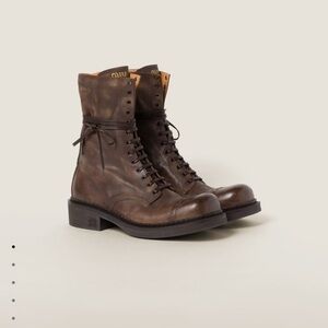 Miu Miu Laced Leather Boots Cocoa Brown